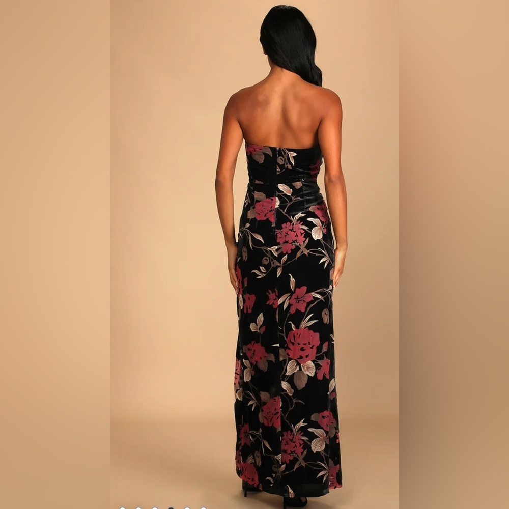 Exquisite Black Floral Burnout Velvet Strapless Maxi Dress